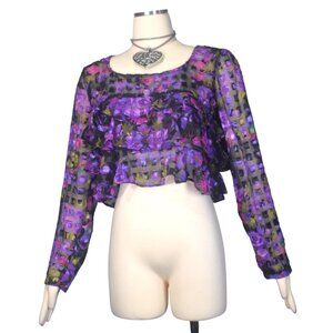 Vintage 90s Sheer Ruffle Floral Crop Top Long Sleeves L